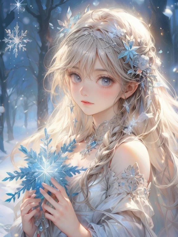 (best quality,highres:1.2,8k, ultra-detailed:1.2,masterpiece:1.2),snow fairy, hugged a snowflake that was too big to hold and smiled gently , beautiful delicate(face,hair,eyes,lips,clothes),blushed warm face,active poseing,shimmering snowscape,magical winter scene,frozen environment,frosty trees,glistening icicles,snow-covered landscape,sparkling snowflakes,ethereal beauty,winter wonderland,enchanted atmosphere,mysterious aura,fairytale-like setting,soft and delicate features,crystal-clear vision,floating gracefully,mesmerizing gaze,airy spirit,captivating presence,elegant snowflake patterns,dainty and intricate details,subtle shades of white,glimmering reflections,soft and gentle lighting