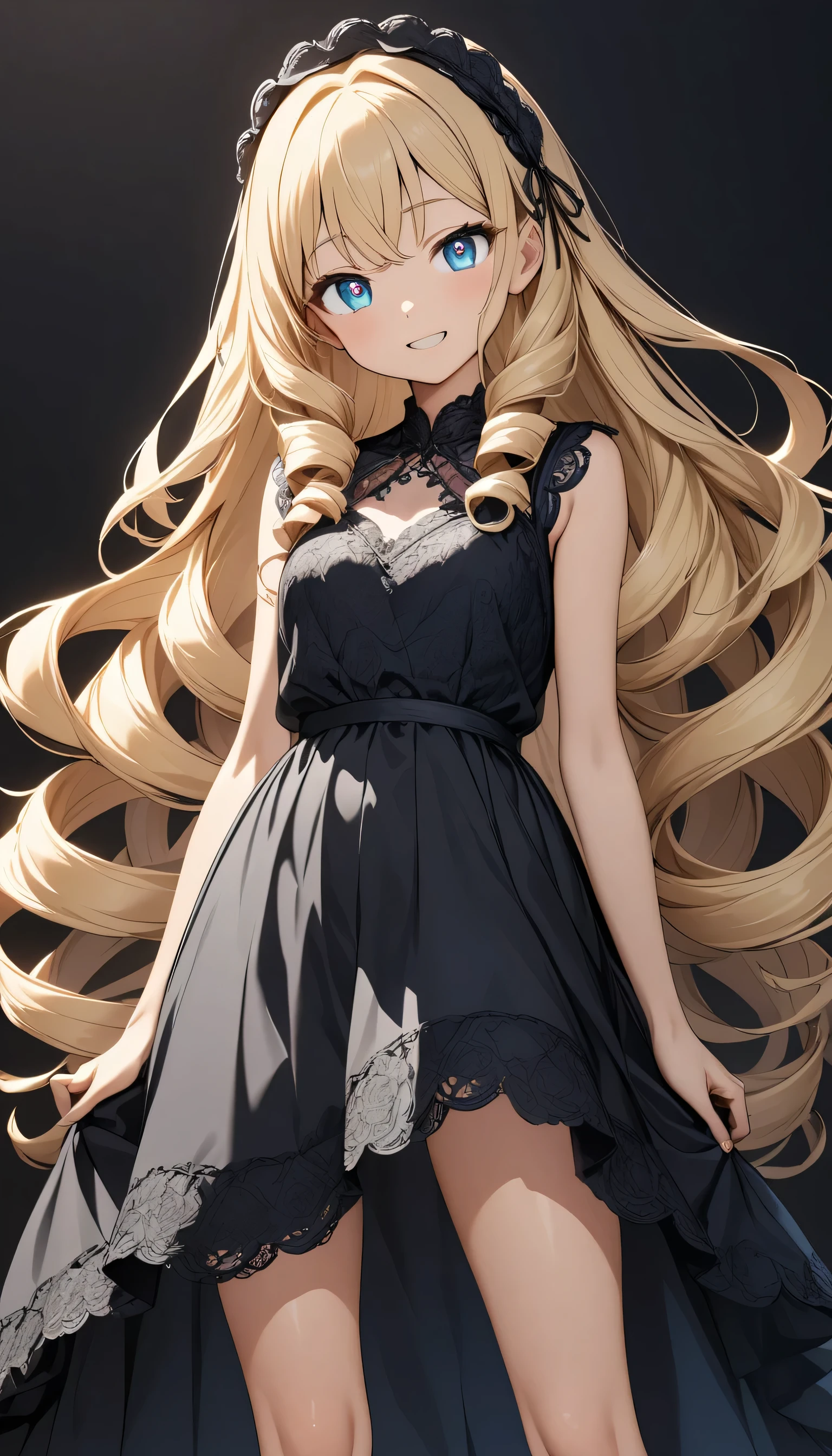 masterpiece, best quality, extremely detailed, high resolution, Japanese anime,1girl, blonde hair, (long length hair:1.4), side braid hair, curly hair, wavy hair, drill hair, curl outward hair, (blue eyes:1.5), (beautiful detailed eyes:1.4), laugh, 12 -year-old , 145cm tall, original character, fantasy, (black background:1.2), full body, beautiful fingers, standing, (black lace dress:1.5), (headdress:1.2) , shoot from front, looking at viewer &lt;lora:hairdetailer:1&gt; &lt;lora:eyecolle_rindou_v100:1&gt;,,,,