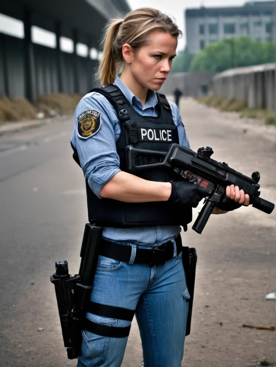 Danish police woman in post apocalyptic city, holding mp5, aiming mp5, hkmp5 by Brandon Anschultz,  (strange but extremely beautiful:1.4),(masterpiece, best quality:1.4)