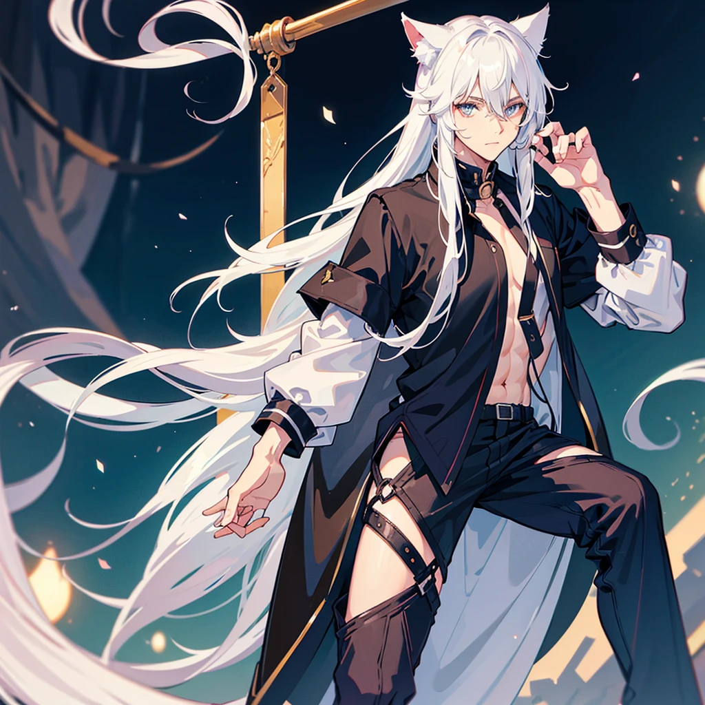 male, long white hair, cat ears, handsome, casual clothes,cat's tail