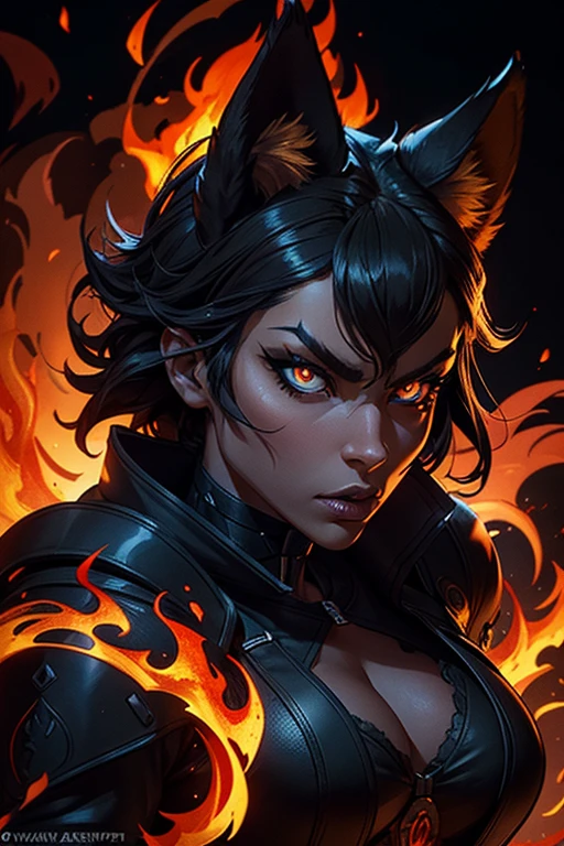 Fierce wolf enclosed in the form of a blaze, central figure, smoldering eyes, flames entwining its figure, dark night background, fire glow illumination, logo design detail, sharp contrast, intense saturation, digital render, ultra clear.