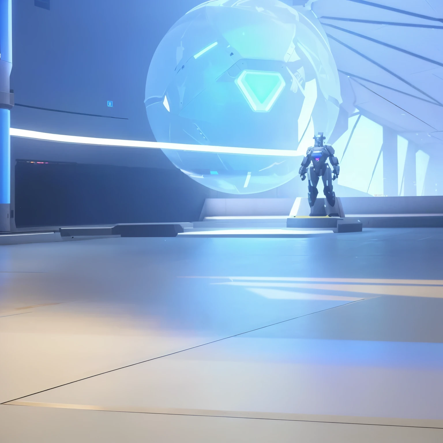 there is a robot that is standing on display, screenshot from overwatch, from overwatch, overwatch building, , in a futuristic arena, mecha floor, echo from overwatch, overwatch, video game screenshot>, overwatch game, arena background, rendered in nvidia's omniverse, 2020 video game screenshot, ray tracing on, A futuristic, spacious hall with a light floor, holographic earth hovering in the background and a staue of a robot even further in the background. The hall is lit with soft, natural light coming through big windows visible in the background, make it photorealistic