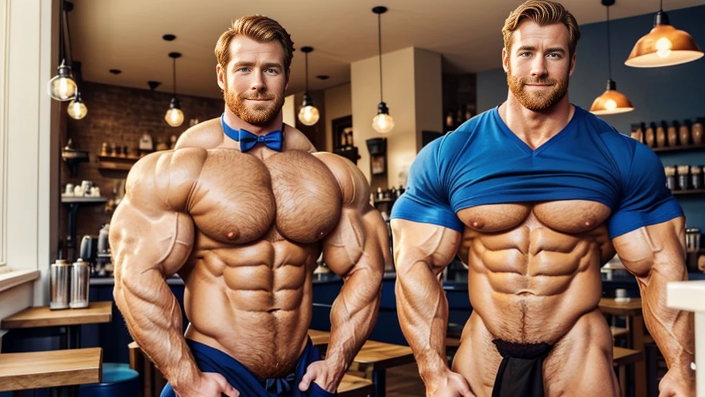 (1boy), (soft smile), tan skin, barista in a french cafe, wearing a bow tie and black jockstrap, daylight, drinking a cup of coffee, (muscular:1.5), ginger, (defined muscles:1.5), (beautiful:1.5), (handsome:1.4), (gorgeous:1.3), ginger, flexed chest, black apron, Armie Hammer with radiant blue eyes, hairy