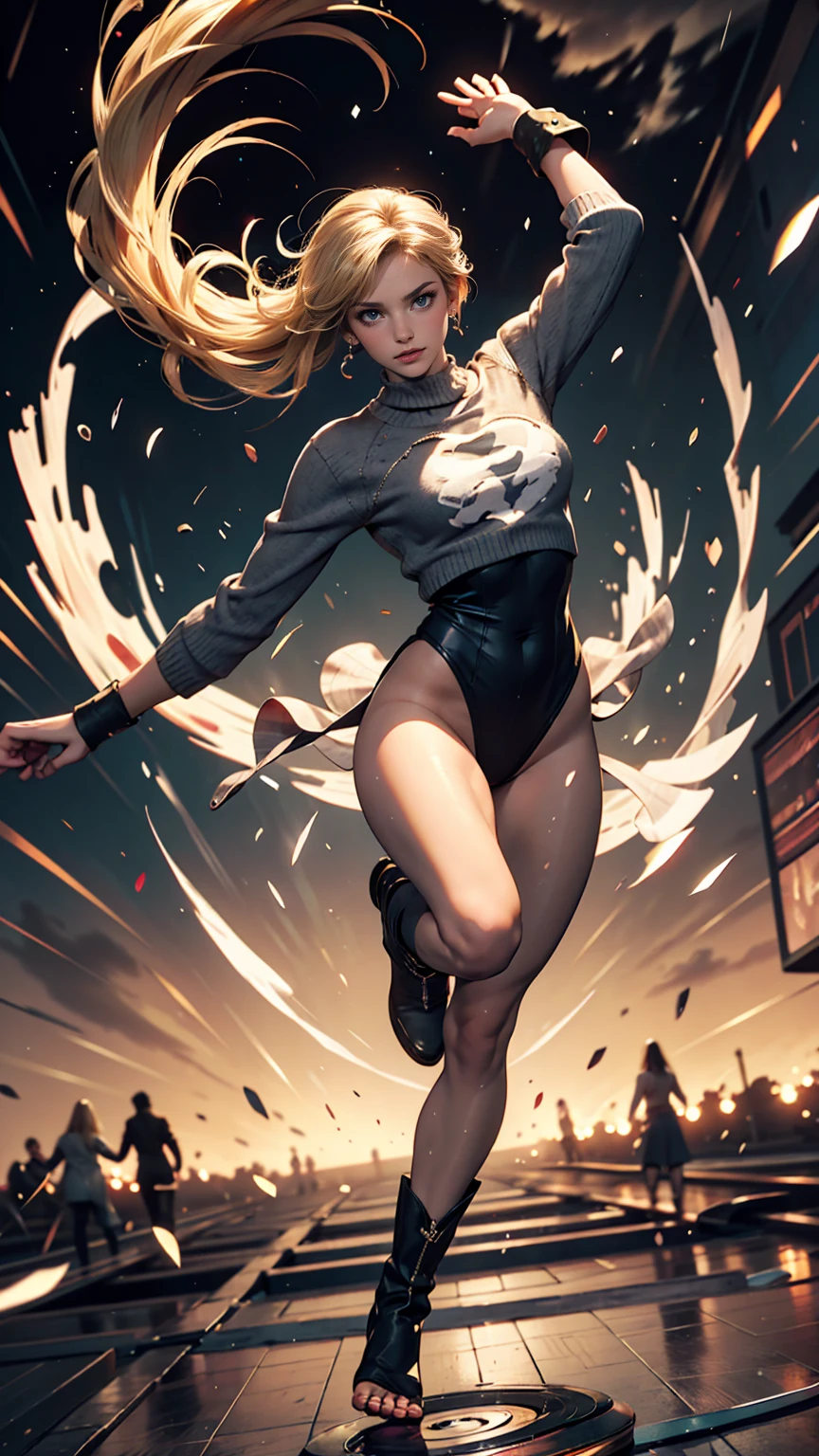 masterpiece, highest quality, sour, Grey sweater, Black leotard, Spin around, spin, Blonde, Superhero, boots, tornado, Circlingwind, alone, barefoot, Circling, Wind effects, spinning into a tornado, fast spin, stand, time travel, Travel through time, High leg, Perfect hands, Perfect Fingers, High leg leotard, Power ups, tornado swirls