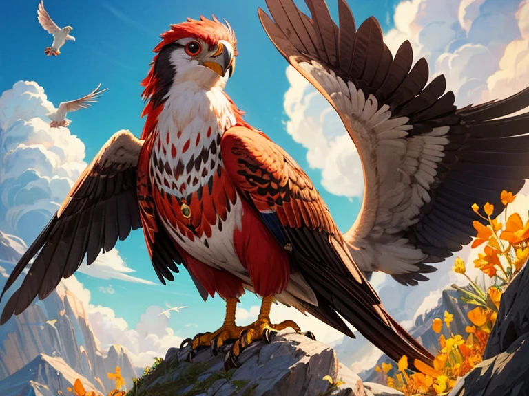 Un Inka joven y hermoso, con una Mascaipaicha roja, with three falcon feathers in it, mirando hacia una flor brillante y hermosa, de color amarillo dorado