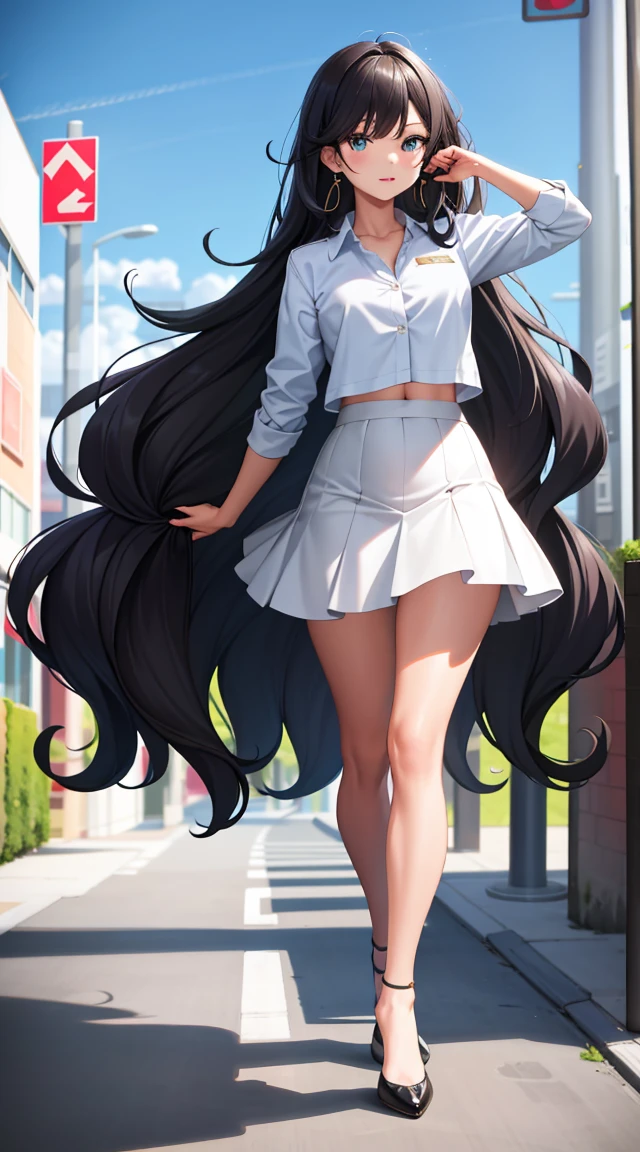 (best quality:1.5, highres, UHD, 4K, detailed lighting, shaders), black wavy hair, gradient hair, woman small shirt, small skirt, white panties, pwhite skirt, (pov), full body, white background, colorful eyeshadow, dramatic lighting, sparkling eyes, confident expression, golden earrings, flowing hair, delicate facial features, soft skin, high cheekbones, stylish clothing, urban setting, , picture at the back,walking, white background