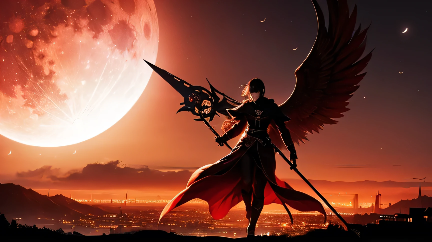 Silhouette of Falling angel in the night city, background blood moon, using scythe, landscape wallpaper, full body