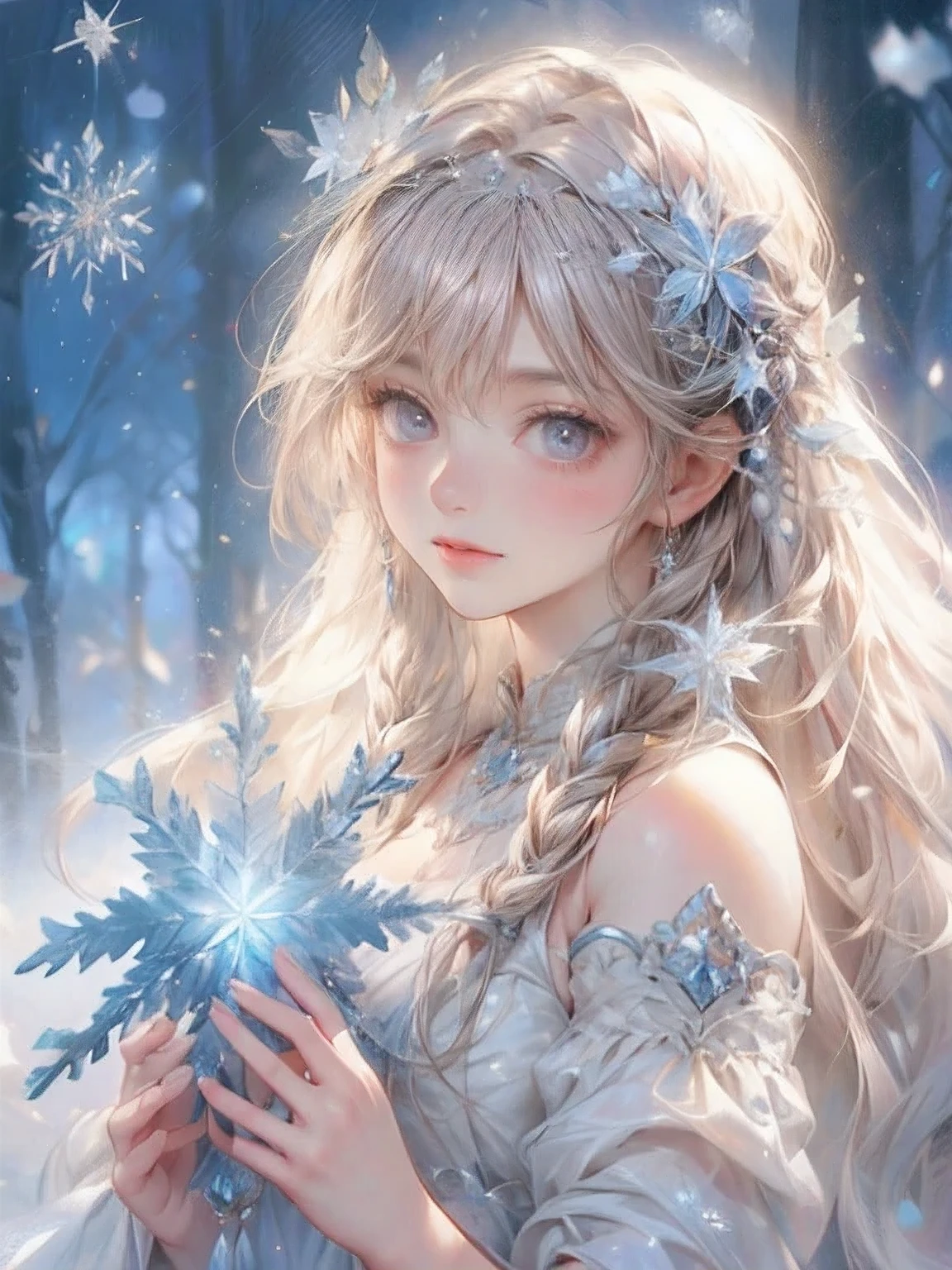(best quality,highres:1.2,8k, ultra-detailed:1.2,masterpiece:1.2),snow fairy, hugged a snowflake that was too big to hold and smiled gently , beautiful delicate(face,hair,eyes,lips,clothes),blushed warm face,active poseing,shimmering snowscape,magical winter scene,frozen environment,frosty trees,glistening icicles,snow-covered landscape,sparkling snowflakes,ethereal beauty,winter wonderland,enchanted atmosphere,mysterious aura,fairytale-like setting,soft and delicate features,crystal-clear vision,floating gracefully,mesmerizing gaze,airy spirit,captivating presence,elegant snowflake patterns,dainty and intricate details,subtle shades of white,glimmering reflections,soft and gentle lighting