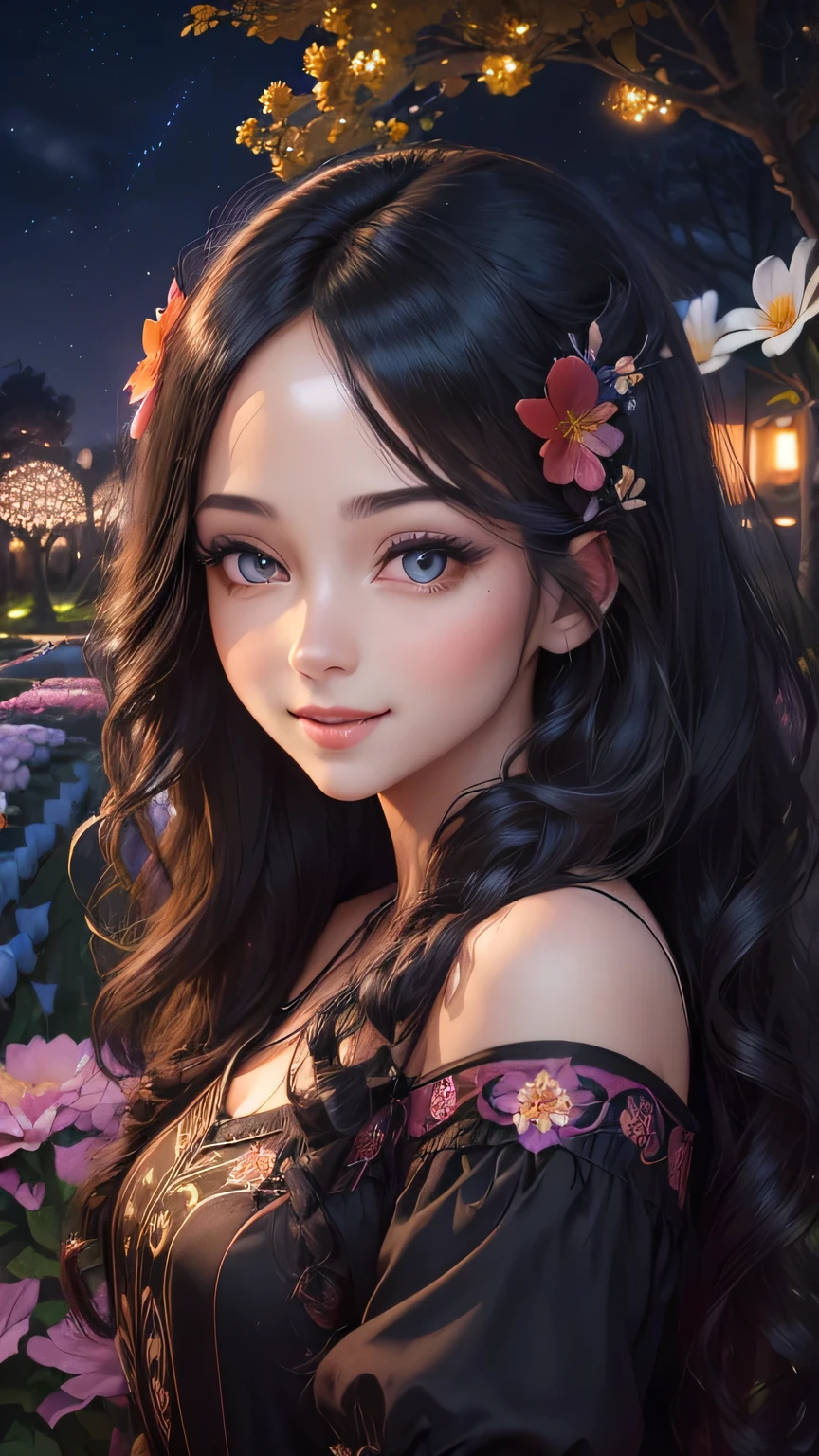 ((((Night time)))) ,(((beautiful flower park as the background))) hyper realistic photograph of a beautiful girl ,beautiful face,  (((beautiful symmetrical eyes))) , long wavy black hair,smiling , (((correct anatomy))))))