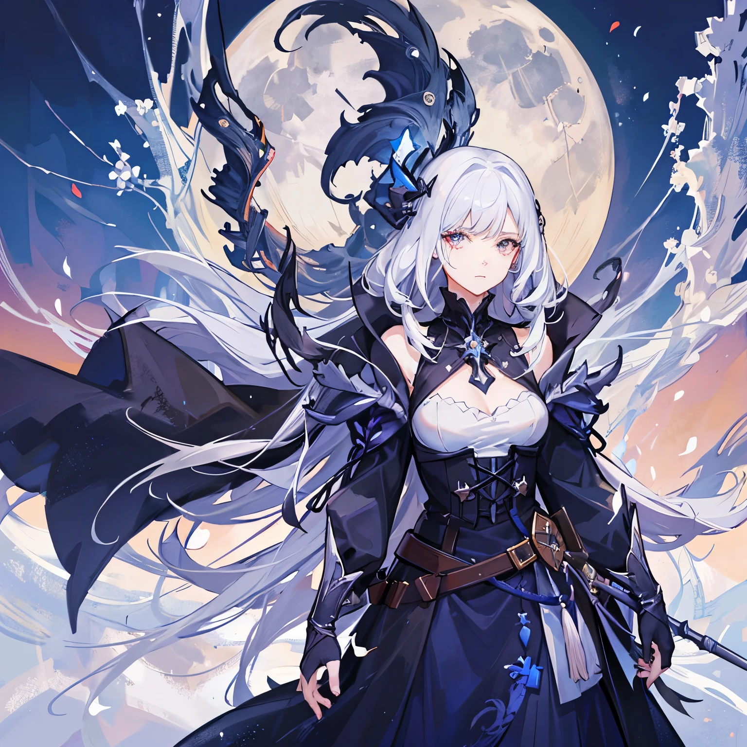Here, mature and wise woman, shrouded in mystery, gracefully stood on the endless shore of the black ocean. Her pale silhouette was illuminated by moonlight. She held an ice sword in her hand, like a work of art. Her face, full of expression and depth, it looked like a silhouette, emerging from the center of darkness. Her eyes are the reflection of the moon, reflective awareness of suffering. There is a clearly visible scar on one eye. Her thin eyebrows add emphasis, and long, flowing bright silver hair, falling over the shoulder, contrast with the dark background. She was dressed in a male pirate captain&#39;s outfit. A silver ring sparkled on her finger.