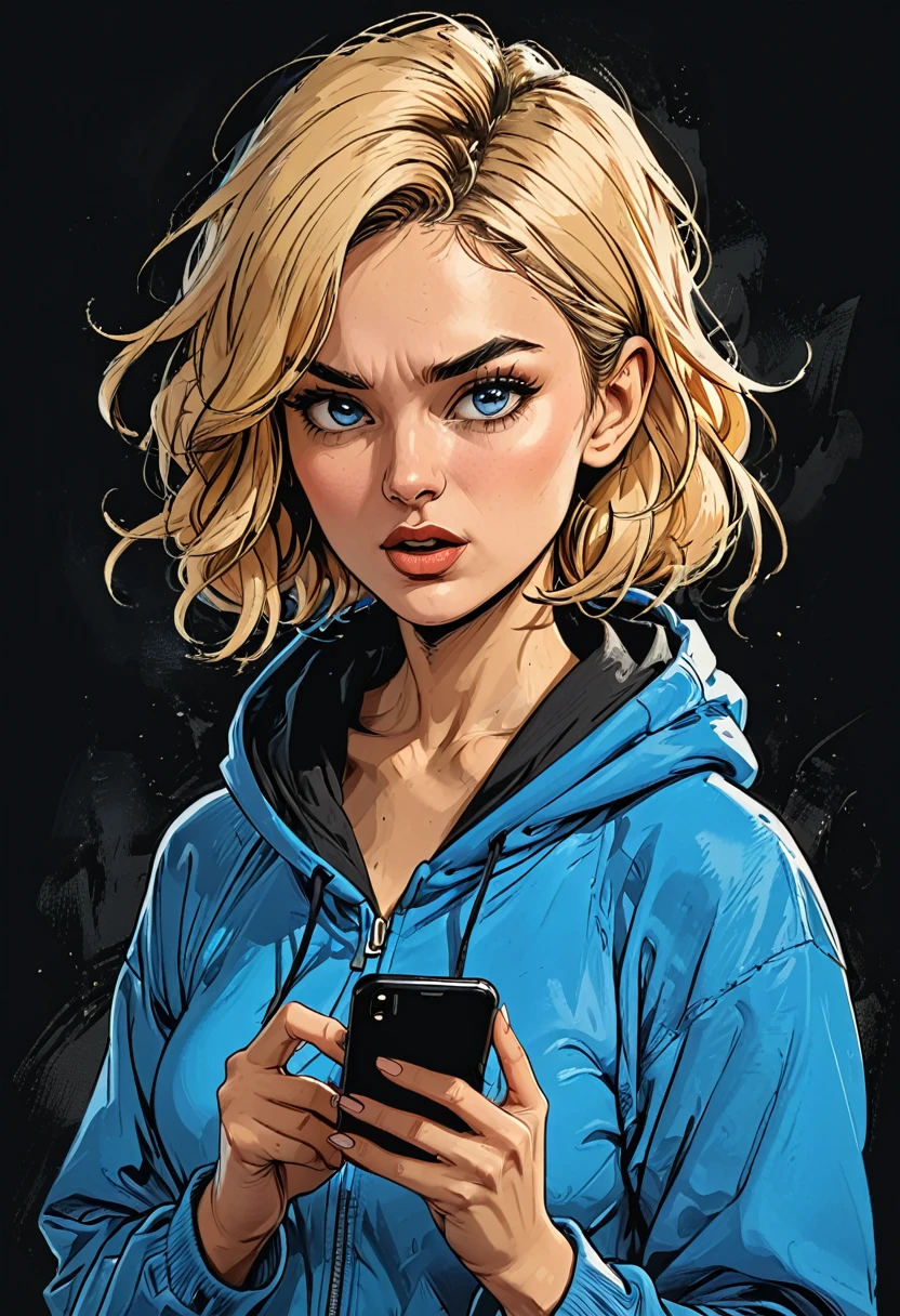 
side view portrait of a girl in Blue oversized hoodie looks in a smartphone, smartphone in hand, hand holding smartphone, mouth open, looks in and talking next to smartphone, upset,
simple black background, Profile Angle,
(blue eyes pointing down) at smartphone,
adult, [Nordic], Hourglass fitness body, perfect Olive skin, Oval Face, Long neck, Rounded shoulders, perfect hand, Attached Pointed ears, round forehead, (Short blonde Waves pixie hair), snub nose, Arched eyebrows, High Round Narrow cheekbones, Dimpled Cheeks, Rounded Chin, Rounded Jawline, Fine Puppet Wrinkles, Full nude Lips, Nude Makeup Look, long eyelashes, third breast size, 
 graphic style of novel comics, perfect hands, 2d, 8k, hyperrealism, masterpiece, high resolution, best quality, ultra-detailed, super realistic, Hyperrealistic art, high-quality, ultra high res, highest detailed, lot of details, Extremely high-resolution details, incredibly lifelike, colourful, soft cinematic light,