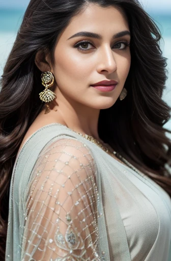 Portrait of A confident-looking indian woman with long flowing hair, hazel eyes, with flowing capes, ocean background, bokeh, perfect composition, hyperrealistic, super detailed, 8k, high quality, trending art, trending on artstation, sharp focus, studio photo, intricate details, highly detailed, art by greg rutkowski 8k quality, Ultra realistic,