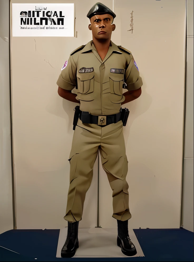 Homem negro policia militar, uniforme completo cor bege, botas, uniforme de 1970 realista, realista, cap