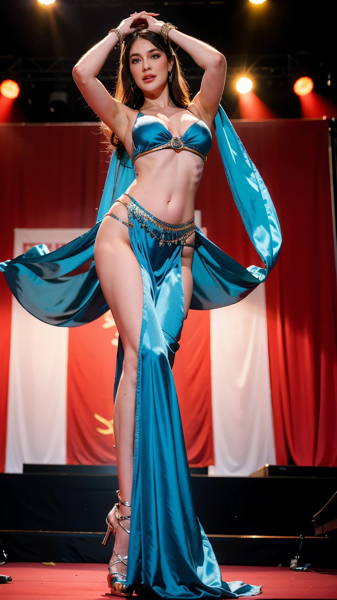 A busty women, glossy lips, slender body, long legs, saggy breasts, wearing tosca bellydance silk costume, high heels, head accessories, performing belly dance on the stage, stage lighting, percussion, full body, seductive, sexy pose, dynamic lighting, dynamic angle, candid