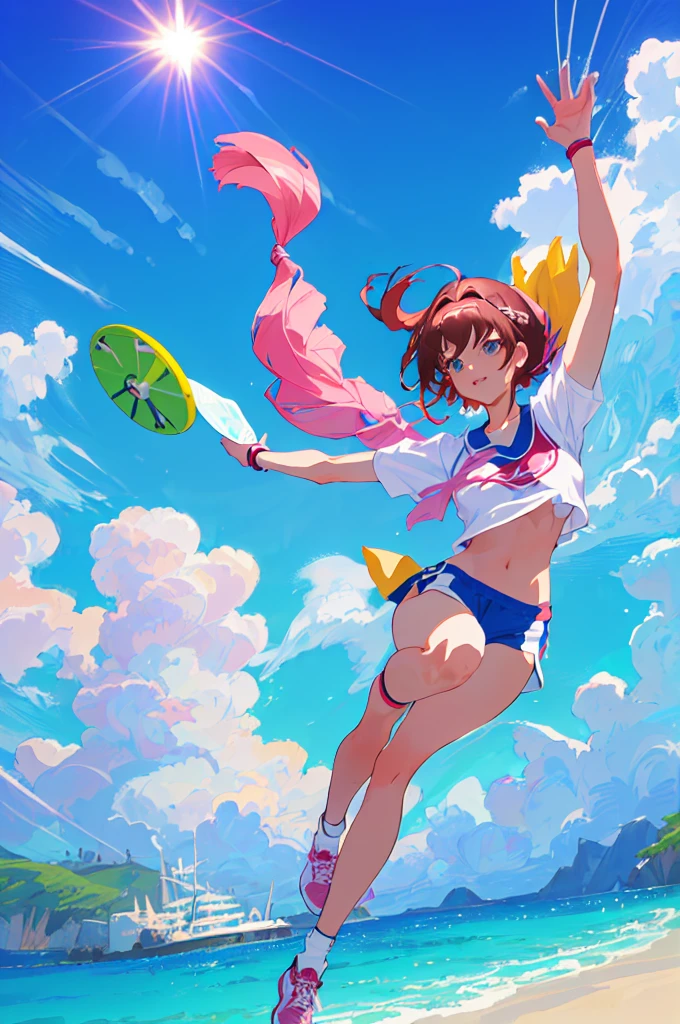 imagined a girl in extreme sport outfit playing to a flying disc game in a beach arena game sport, masterpiece, ultra-detailed, 80's anime (style), 2D, megapixel, perfectionism, full HD , 4K, (windjammers), windjammers sport game, windjammers 2 (((((solo mature anime woman,)))))++++++++++++++++++, looking at viewer, full body, brown hair and pink hair, short hair, weird hair, smile, lips, eyelashes, medium breasts, gym uniform, uniform, gym shorts, headband, sports bra, elbow pad, knee pad, extreme sports outfit 80's theme, beach background, playing flying disc game on a beach court game, sea, sun in the sky, sports wear