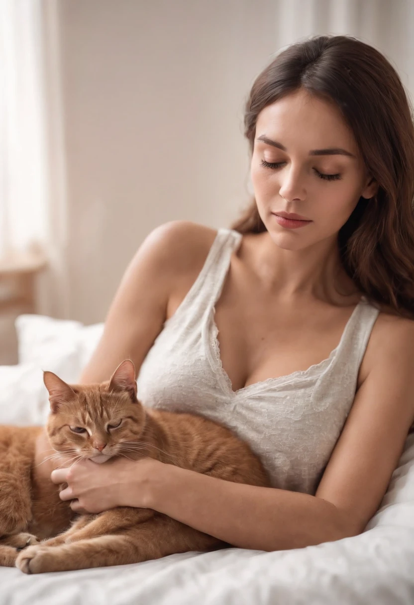 a tan woman dressed in a deep V-neck tank top, sleeping on the bed holding a cat on her stomach, high-quality photo