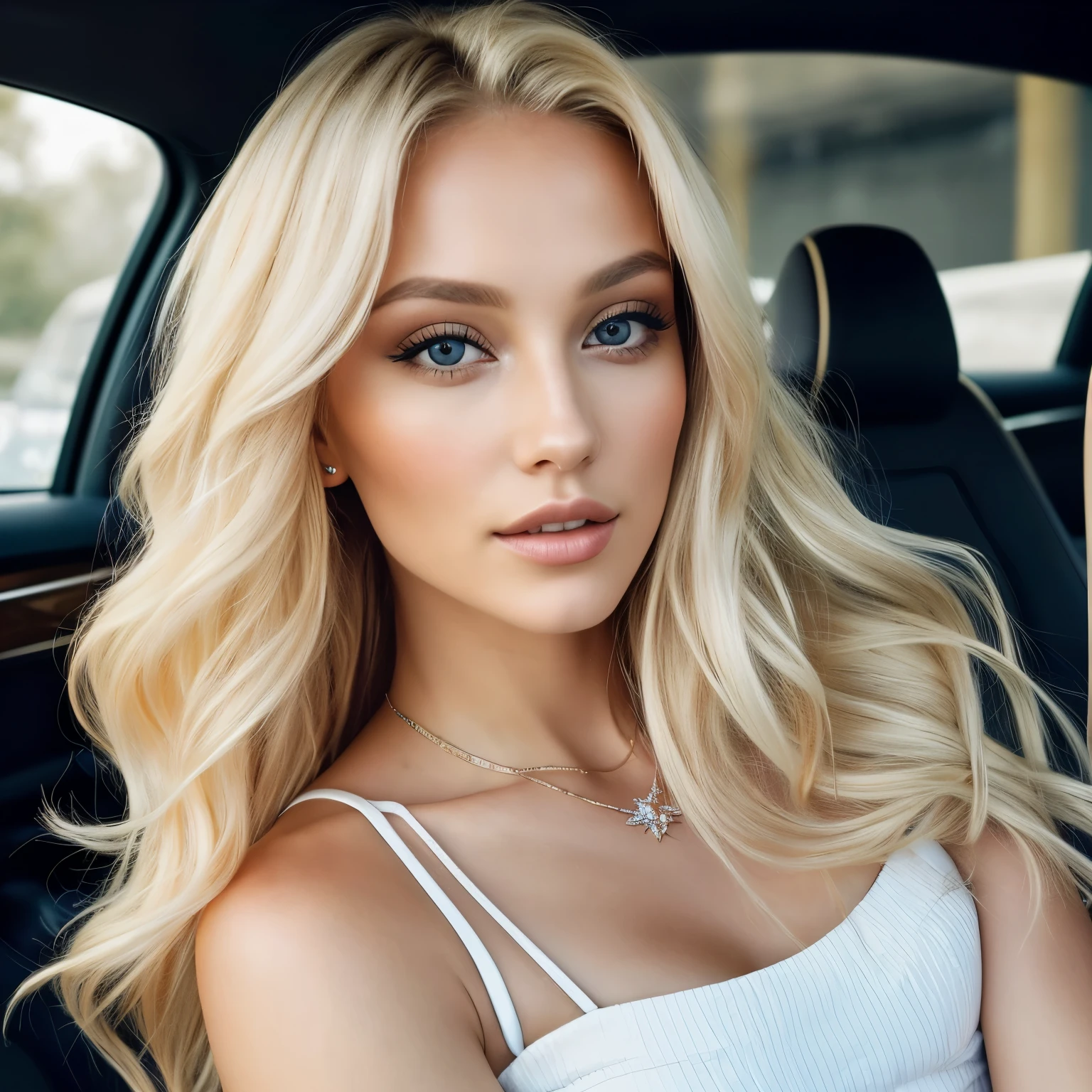 Blonde woman sitting gracefully in the plush interior of a luxury car, her golden locks cascading over her shoulders as she exudes elegance and charm. Inspired by the masterful portraiture of Seb McKinnon and the captivating allure of Digitale Kunst, she embodies the essence of a blonde goddess. With each click of the camera, she effortlessly transitions from a beautiful blonde girl to a stunningly gorgeous woman, captivating viewers like Dascha Taran or Anna Nikonova, known as Newmilky, would on Instagram. Her presence is magnetic, drawing admiration akin to the mesmerizing Irina Nordsol Kuzmina. As she gazes seductively into the lens, her beauty transcends language barriers, evoking awe and admiration. Whether posing for a portrait or dancing the night away in a club, she commands attention and leaves an unforgettable impression as a true embodiment of feminine allure.
