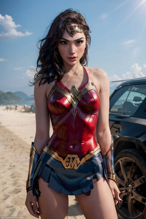 La sensual wonder woman  Gal Gadot, en bikini sexy y provocativa, despampanante oppais enorme con escote pronunciado y caderas anchas piernas grandes con medias,  imagen 1.2, Renderizado 