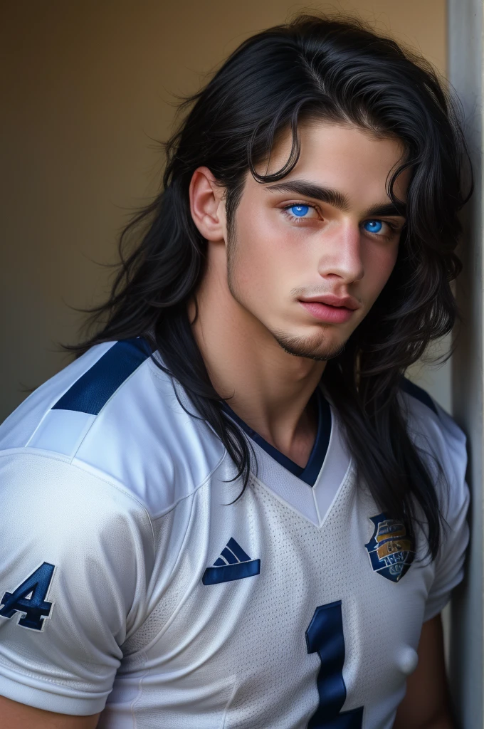 1boy, Aiden, 28 year old male portrait, vivid long black hair,  blue eyes, football uniform, small goatee