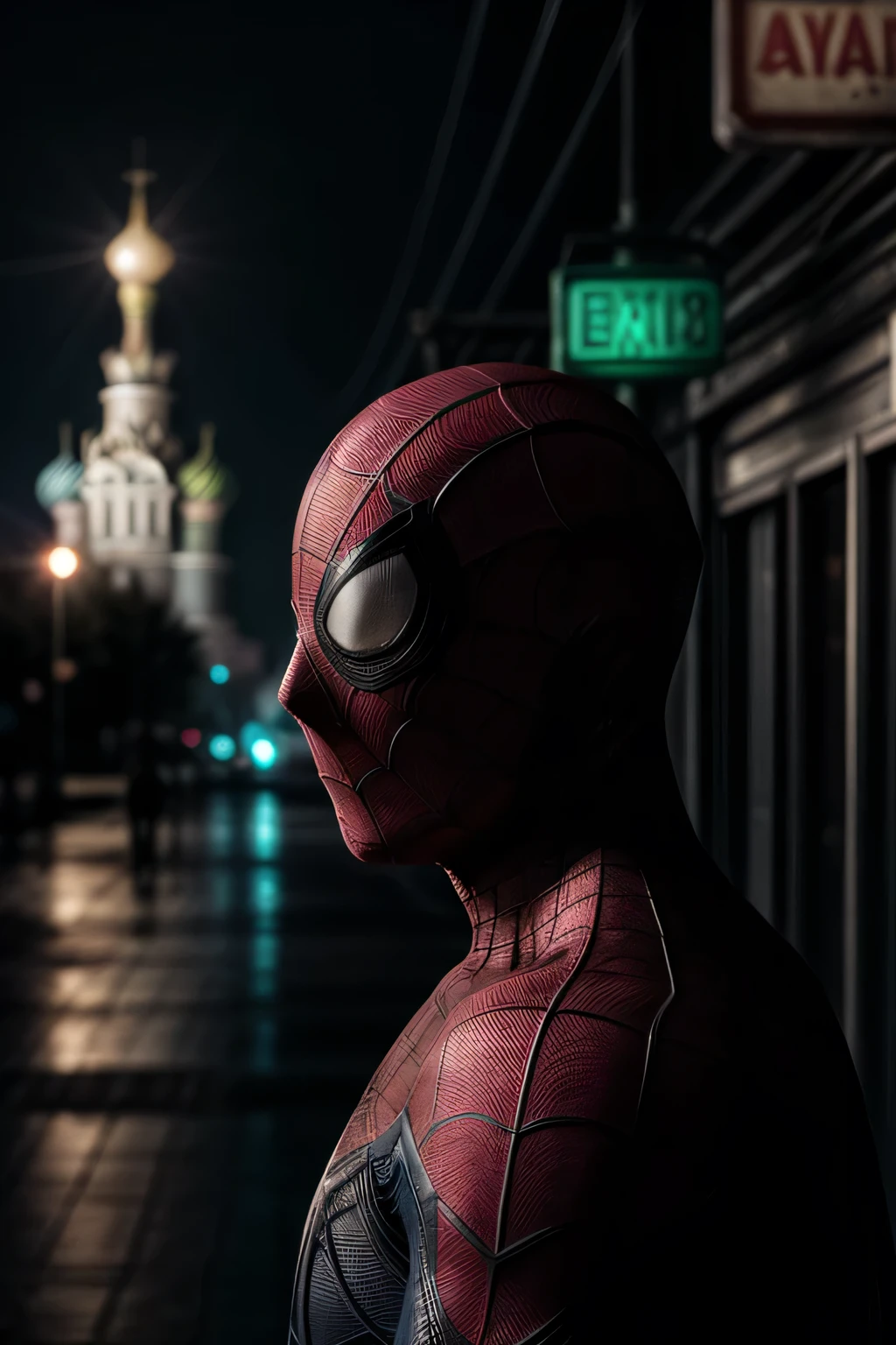 Spider man, with the crown on his head, The face is hidden behind a mask, photorealism,Russian city in the background, looks at the camera, evening, rain, neon signs in Russian, matrix code, green ice lanterns, full height, Epic photo.