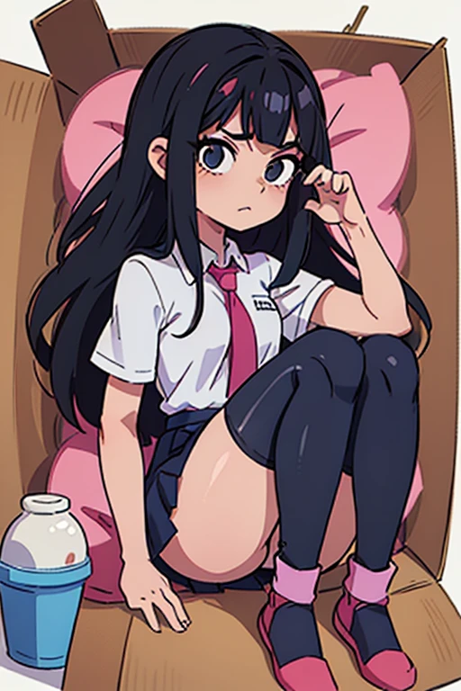 anime girl , pelo negro con un parde coletas largas (falda corta color rosa) (falda levanta) (bragas azules con rayas) colegiala (con media hasta las piernas (calcetas largas)
