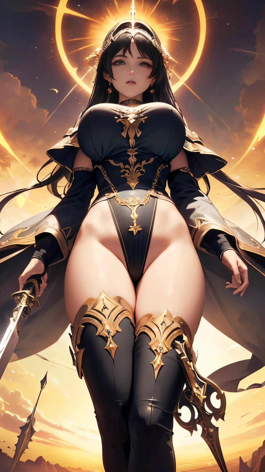 High-resolution images, Atmospheric perspective, 8k, Super Detail, Accurate, highest quality, avert your eyes, Angle from below, (((A huge divine weapon that destroys humanity、A contour relief is embedded from the woman's face to her shoulders.、When the weapon fires a thick beam directly below and destroys the ground、That face reaches an intense orgasm。)), Droopy eyes, blush, ((sleepy)), Open your mouth, Spread your legs wide, Float above the city, (((from below)))