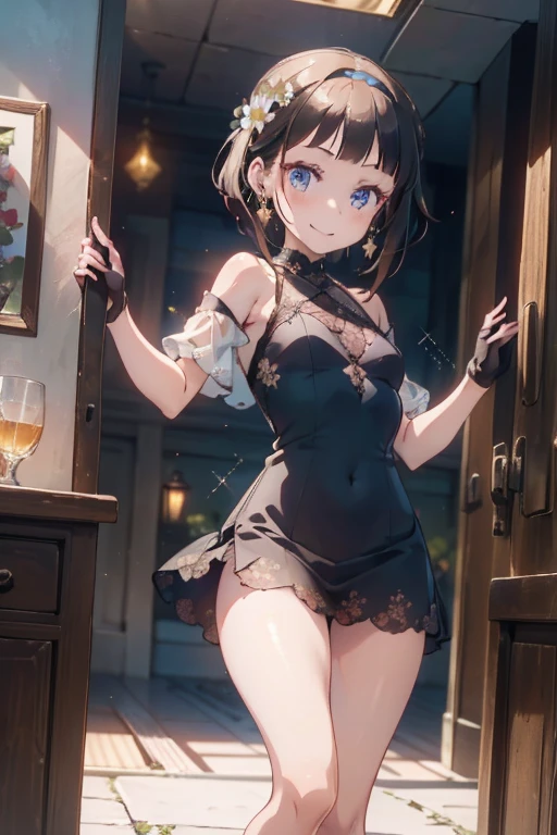 Anime style beutiful woman, 1girl,fullbody, happy, (with sparkling eyes and a contagious smile:1.2), red face, closed mouth, beautiful detailed eyes, super detailed skin, backlighting, bare shoulders, black background, black dress, black gloves, black hair, breasts, dress, earrings, fingerless gloves, floating hair, floral print, flower, gloves, gold earrings, gold hairband, hair flower, hair ornament, hairband, holding, holding weapon, jewelry, small breasts, long hair, looking at viewer, off-shoulder dress, off shoulder,red eyes, short hair with long locks, sidelocks, solo, spikes, thighs, two-sided dress, two-sided fabric, weapon, fighting stance , face, close up, from brlow, highest quality, high resolution,Real World, Natural light,perfect Natural light,looking at viewer,