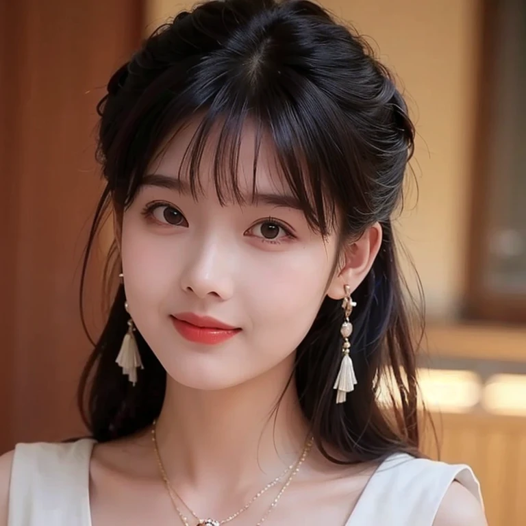 best quality, masterpiece, high resolution, 1 Girl,blush,(seductive smile:0.8),Star-shaped pupil,china hanfu,Hair accessories,necklace, jewelry,Pretty Face,Above_Body, Tyndall effect,Reality, Dark Studio, Edge lighting, Two-tone lighting,(Highly detailed skin:1.2), 8K Ultra HD, DSLR camera, soft light, high quality, Volumetric Lighting, frank, photo, high resolution, 4K, 8k, Bokeh