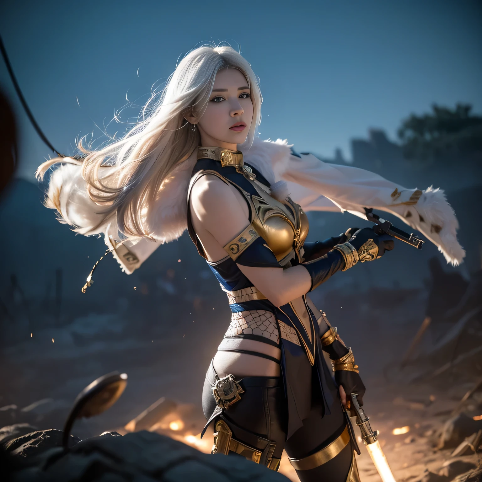 White-haired female general，Wearing gold armor，eventide ，Bloody battlefield，Stand on top of enemy bones，Long gun in hand，Magnificent，The background is the battlefield