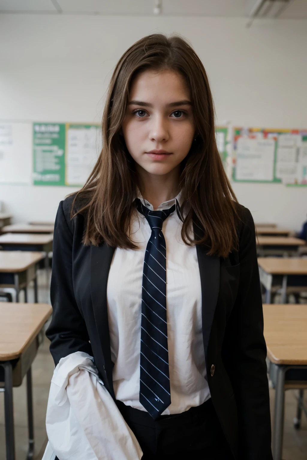 photography of a  girl, perfect face, masterpiece, busty, black suit, white_shirt, blue_striped_tie, school district, in a school, russian