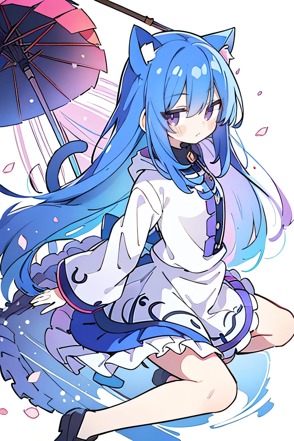 (masterpiece:1.2),Super detailed,lifelike,Expressive eyes,fair skin,perfect face shape,1 girl,
Japanese comics,Gorgeous blue hair,flowing blue hair,flowing clothes,Cat ears,Petals fall,beautiful lola,Baby Angel,
Shaking head with one hand,Cross your legs,Gentle and peaceful background,The pavilion is cool and comfortable,smile, wearing hoodie, background of tokyo,back views,snowing, winter.