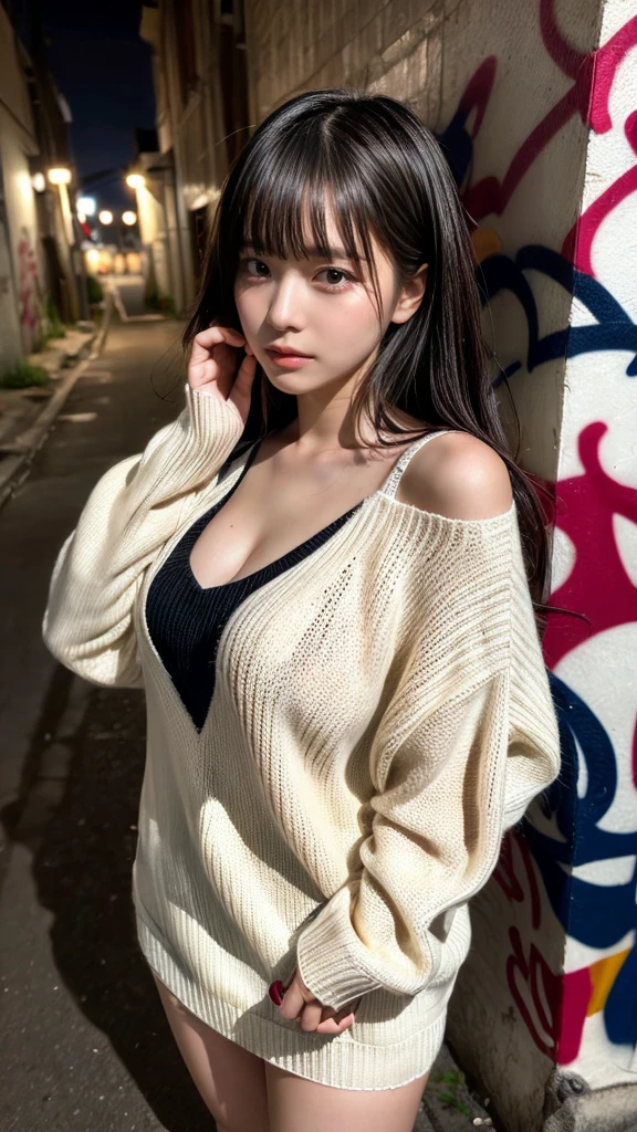 muster piece, best quality, illustration, Super detailed, fine details, High resolution, 8K,wall paper, perfect dynamic composition,(Details High quality, realistic depiction of eyes:1.3), (Japanese age girl standing in a dirty back alley at night, graffitied wall:1.1), ((white hand-knitted long sweater, v-neck sweater, oversized clothes)), black hair color, Big Natural Color Lip, seductive face, provocative look, crying a little、cold gaze, Harajuku style、(graffiti), night time, 20 year old girl、cute type、loliGravure Idol, full body photo、focus on crotch, (huge breasts)