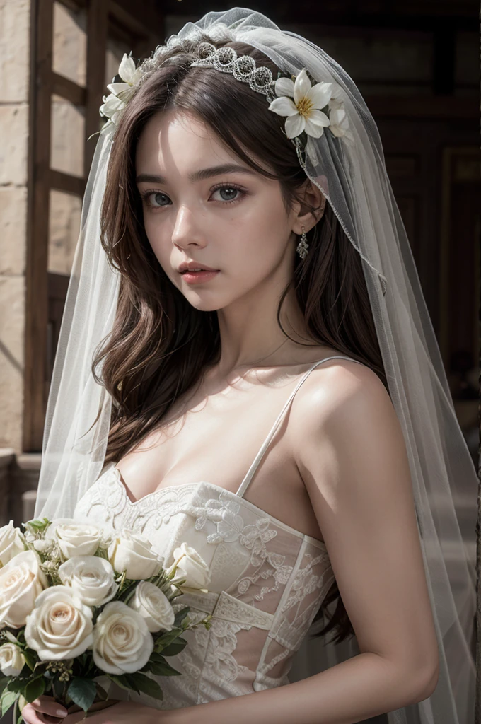 sensual, hermoso, femenino, mujer, (novia:vestido de novia:1.1), flor, cord, velo, romantic, Apasionado, amar, Deseo, seduction, atractivo,, Arte hiperrealista, (Obra maestra, alta calidad, mejor calidad:1.2), (intrincado, detallado:1.2),very high resolution details, photographic, realismo llevado al extremo, textura fina, incredibly realistic