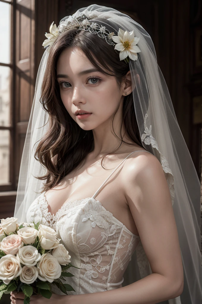 sensual, hermoso, femenino, mujer, (novia:vestido de novia:1.1), flor, cord, velo, romantic, Apasionado, amar, Deseo, seduction, atractivo,, Arte hiperrealista, (Obra maestra, alta calidad, mejor calidad:1.2), (intrincado, detallado:1.2),very high resolution details, photographic, realismo llevado al extremo, textura fina, incredibly realistic
