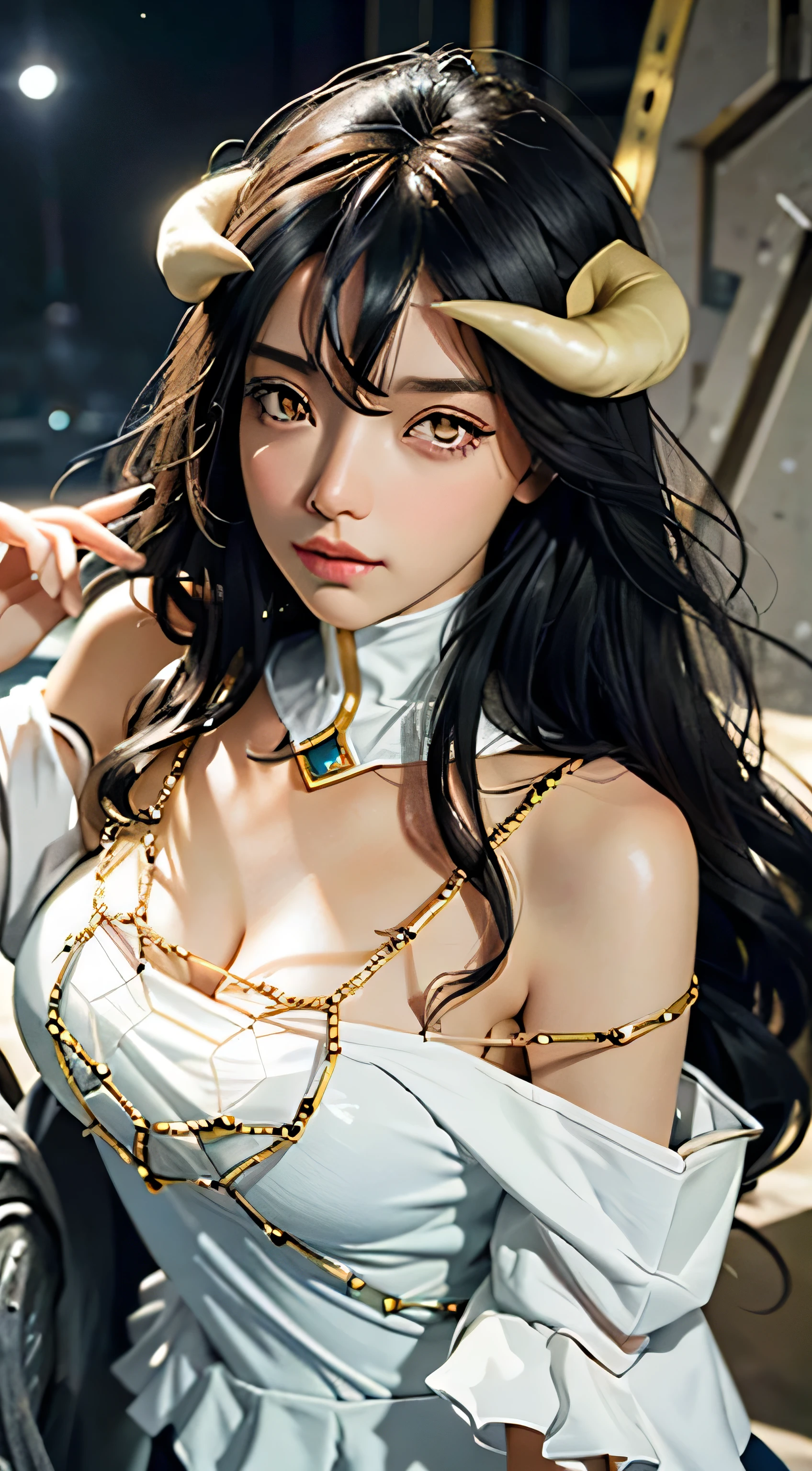 Masterpiece, Best quality, Ultra-detailed, illustration, epic lighting, Cinematic composition, isometry,(hexagons:1.2), 1girll, Horns, Solo, Yellow eyes, Black hair, Long hair, (Low wing:1.2), Large , Bare shoulders, hair between eye, Medium breasts, dress:1.1), Golden decoration, Detached collar, view the viewer, Semi-closed Eyes, (view the viewer:1.1), parted lip, Blush, Black feathers fall, Arena, particle fx, (8K:1.1)