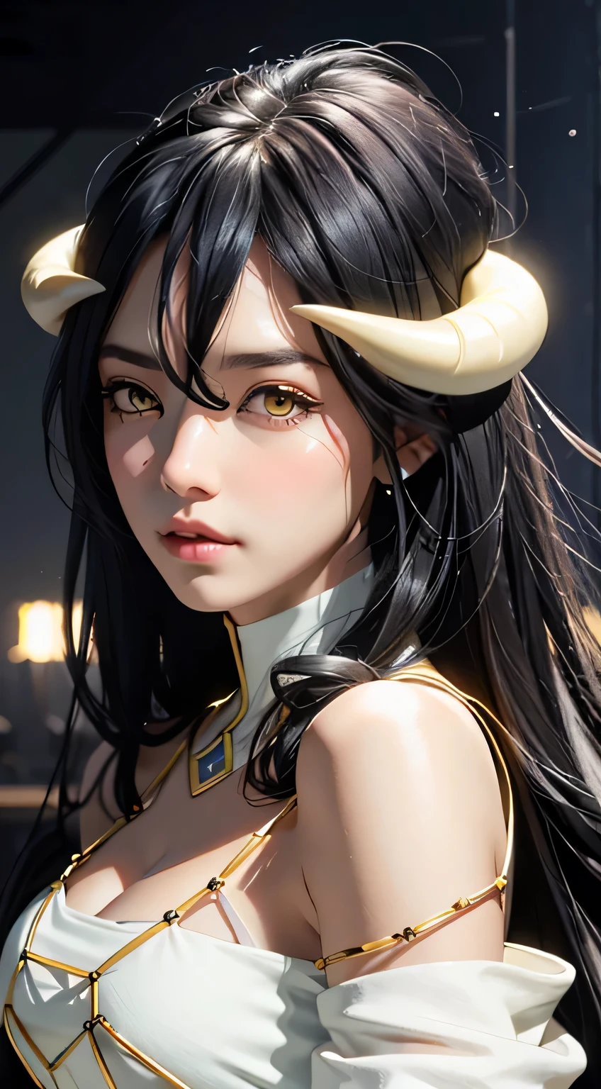 (highly detailed:1.3),upper body, 1girl, solo
Albedo, white gloves, (yellow eyes:1.2), black hair
Ultra-detail,(highres:1.1),best quality,(masterpiece:1.3),cinematic lighting,
(detailed face and eyes:1.3), (horns)