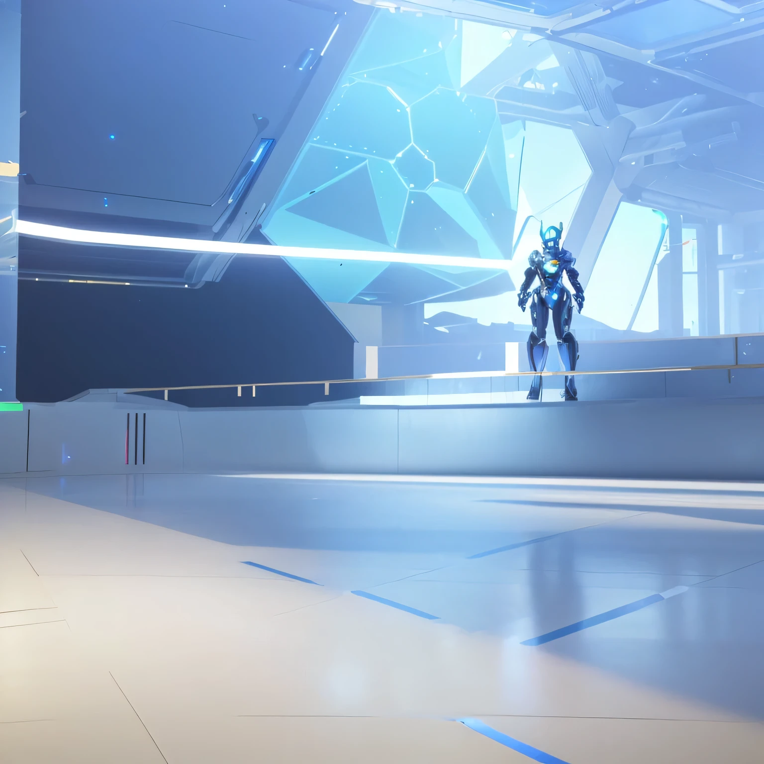 there is a robot that is standing on display, screenshot from overwatch, from overwatch, overwatch building, , in a futuristic arena, mecha floor, echo from overwatch, overwatch, video game screenshot>, overwatch game, arena background, rendered in nvidia's omniverse, 2020 video game screenshot, ray tracing on, A futuristic, spacious hall with a light floor, holographic earth hovering in the background and a staue of a robot even further in the background. The hall is lit with soft, natural light coming through big windows visible in the background. 