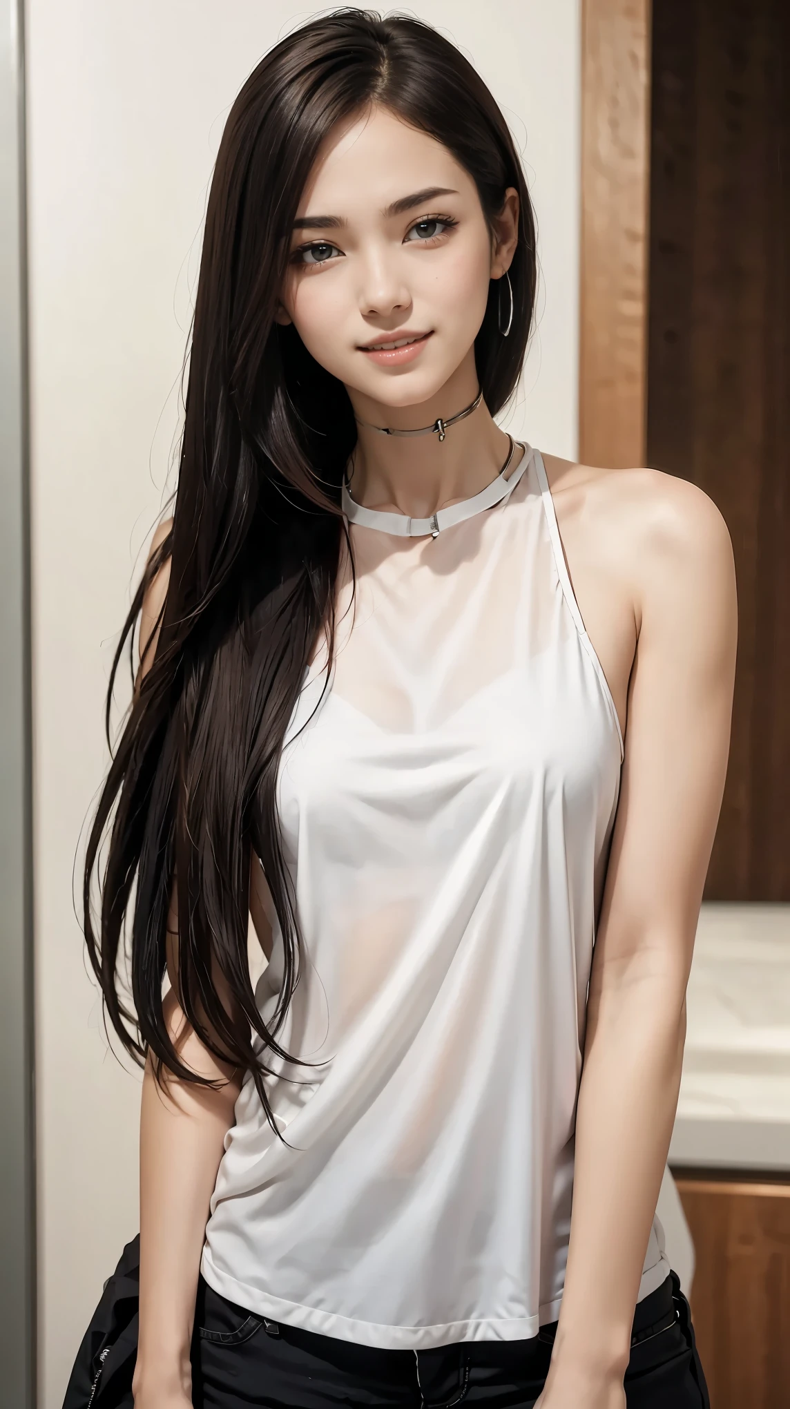 24-year-old woman、Hair color is black、Eye color is dark brown、Longhaire、Straight hair、Slender but well-proportioned muscular man、a smile、I&#39;m wearing a necklace、accessories on wrist、wearing sheer tops、I'm wearing high heels、wearing sheer pants、a smile、wearing a lace choker、I&#39;m in a building made of marble