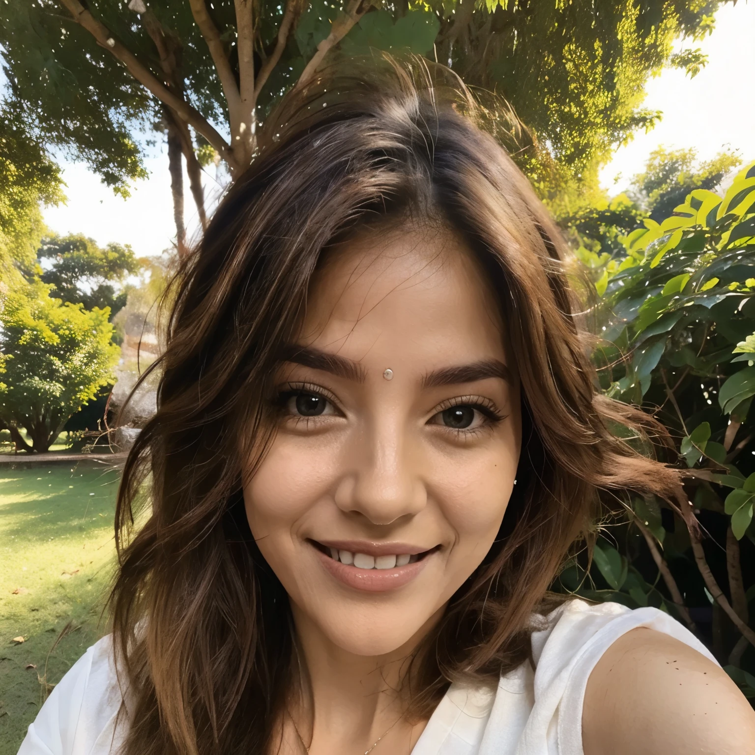Mulher, cabelos cacheados, olhos castanhos,sorriso Bonito. Selfie em um parque