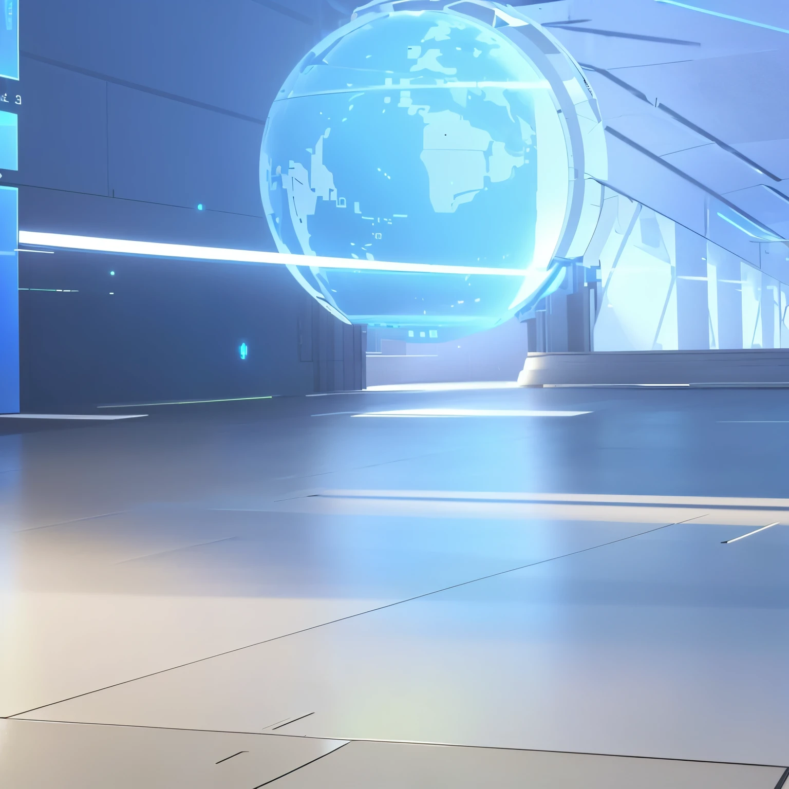there is a robot that is standing on display, screenshot from overwatch, from overwatch, overwatch building, , in a futuristic arena, mecha floor, echo from overwatch, overwatch, video game screenshot>, overwatch game, arena background, rendered in nvidia's omniverse, 2020 video game screenshot, ray tracing on, A futuristic, spacious hall with a light floor, holographic earth hovering in the background and a staue of a robot even further in the background. The hall is lit with soft, natural light coming through big windows visible in the background.