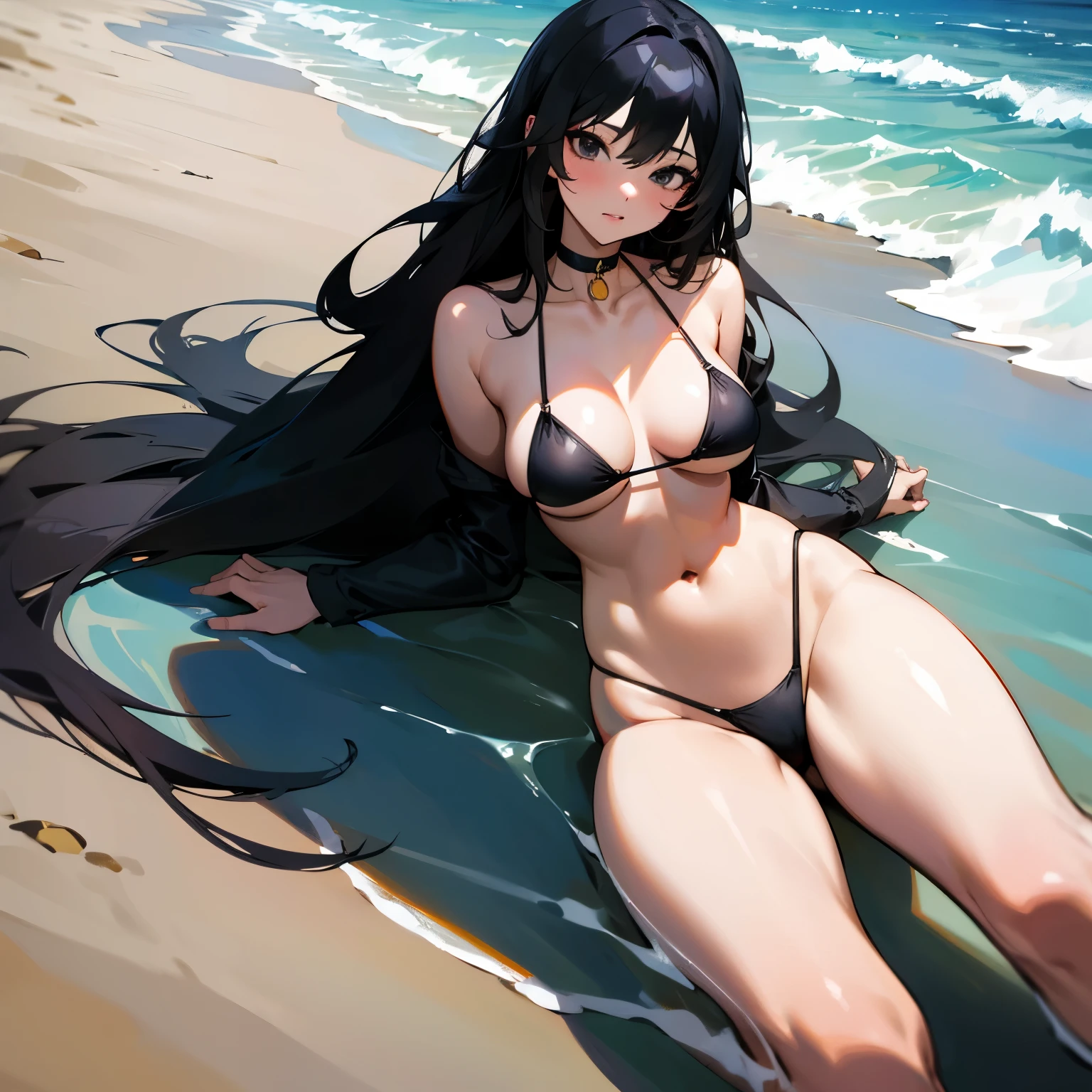 1girl, long black hair, black eyes, very large breasts, large thick thighs, small waist, wearing extra small bikini bra, wearing small bikini thong, black choker, beach, absurdres, high res, ultrasharp, 8K, masterpiece, looking at viewer