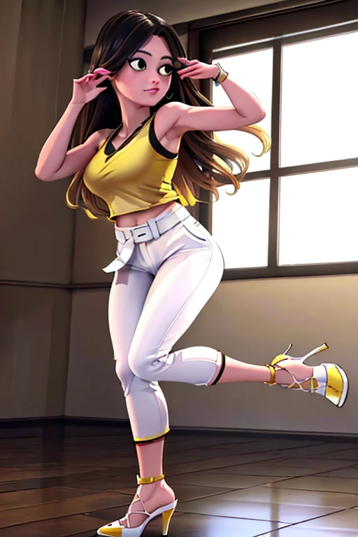 (8k, RAW photo, best quality, masterpiece:1.2), (intricate details), highres, perfect eyes, perfect face, perfect lighting, beautiful, (masterpiece:1.2), (best quality:1.2), 1girl, solo, juleka, brown eyes, ((Wearing: Yellow jecket, white tank-top, black belt, white pants, yellow high-heels))
