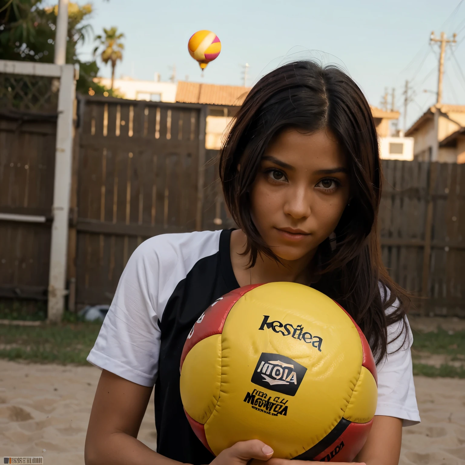 Una chica de cabello corto, color negro con mechones rojos, ojos color miel. Sosteniendo un balon de voleibol