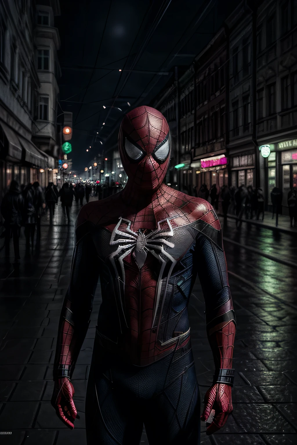 Spider man, with the crown on his head, The face is hidden behind a mask, photorealism,Russian city in the background, looks at the camera, evening, rain, neon signs in Russian, matrix code, green ice lanterns, full height, Epic photo.