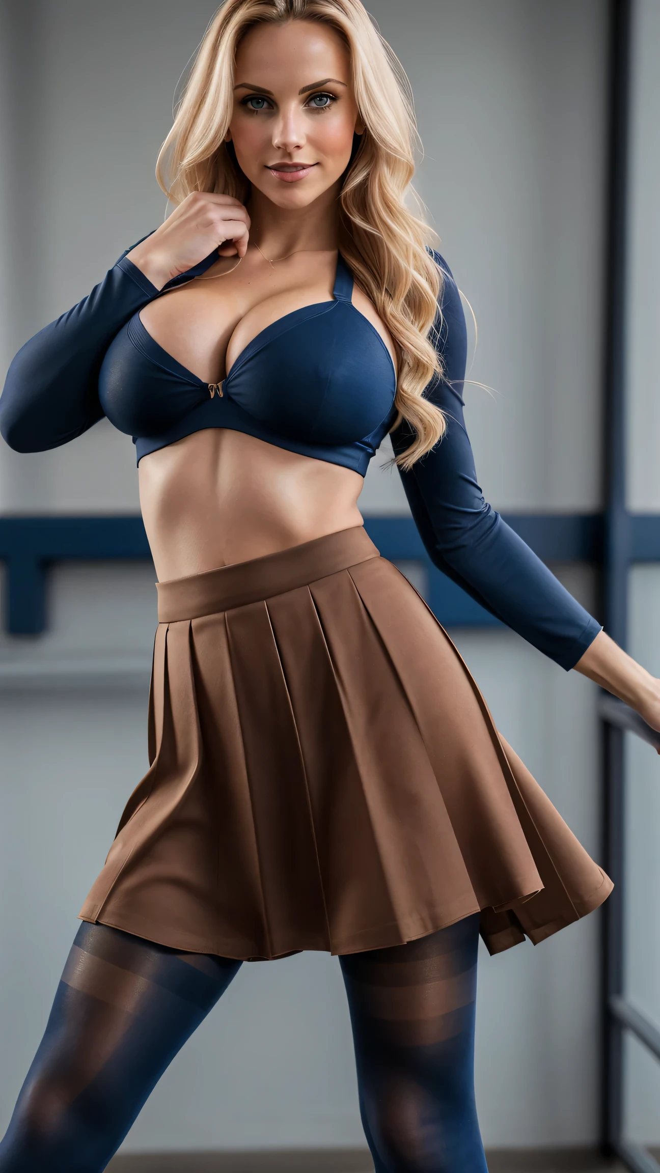 a cheerleader, (huge breasts:1.3), (cheerleader skirt:1.2), (pleated dark blue cheerleader skirt:1.1), (brown pantyhose legs:1.3), low wedge heel booties, long straight platinum-blonde hair, hair covering one eye, (emphasis on her legs and feet:1.2), small hips, small butt, thin, (skinny), fit, short, athletic, walking towards the viewer, backdrop of a park, masterpiece, 8k, amazing detail,