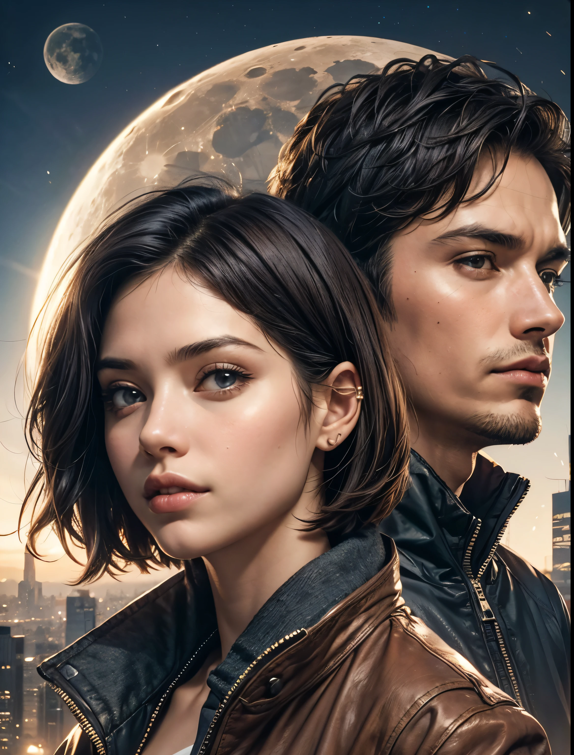 Imagem aproximada da parte superior do corpo. um homem e uma mulher. O homem tem cabelo preto curto. A mulher tem longos cabelos castanhos escuros. They are both beautiful and in their early twenties.. They are both wearing jackets. Behind them is a city on the moon.