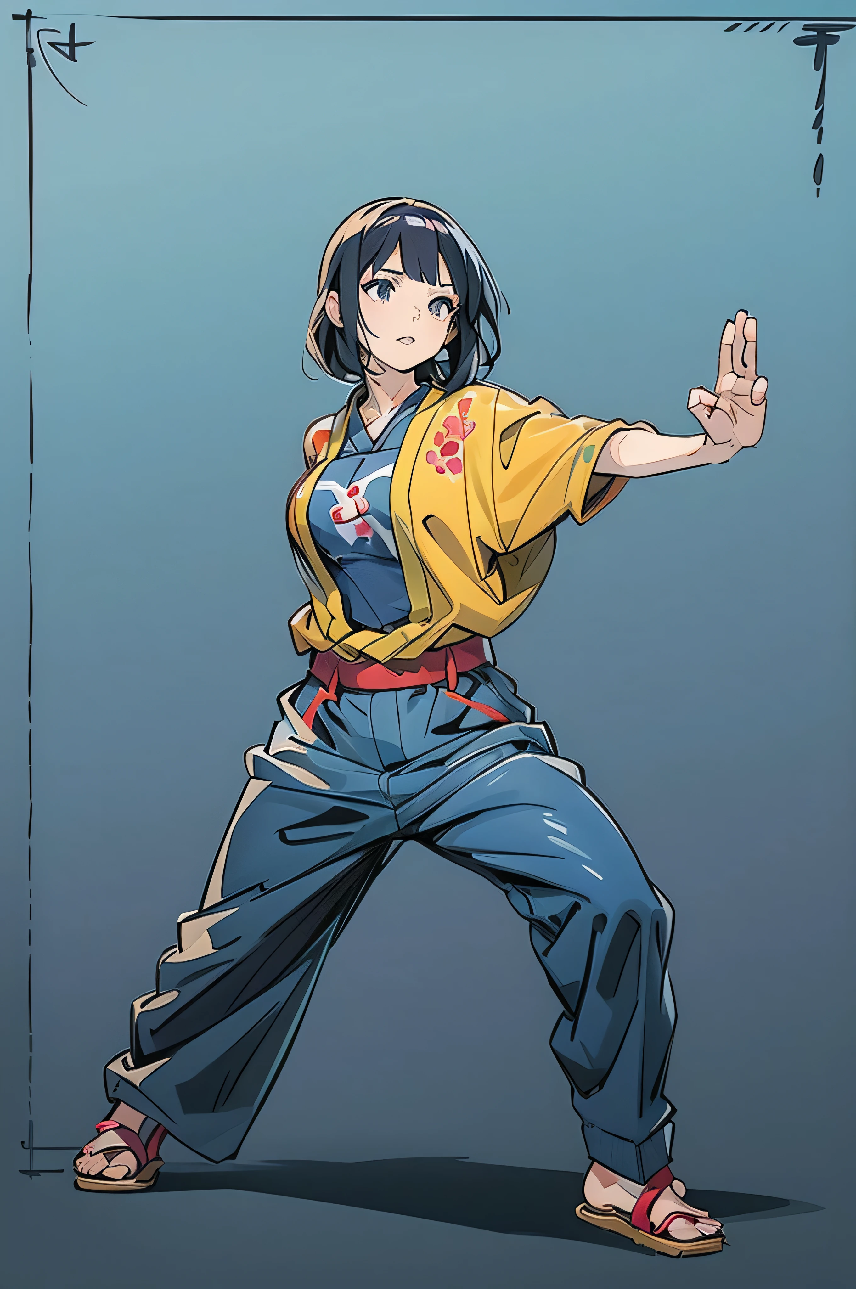 anime bold outline character in a traditional blue and yellow flower color kimono doing a karate pose, fighting stance, in japanese anime style, in anime style, misato katsuragi, in an anime style, hinata hyuga, anime style character, hinata hyuga from naruto, female action anime girl, anime style 4 k, japanese anime style, anime style illustration, fighting pose, full body, side view, bright sunny day, fighting expression, right fist hand, left kungfu hand, fix hand gesture