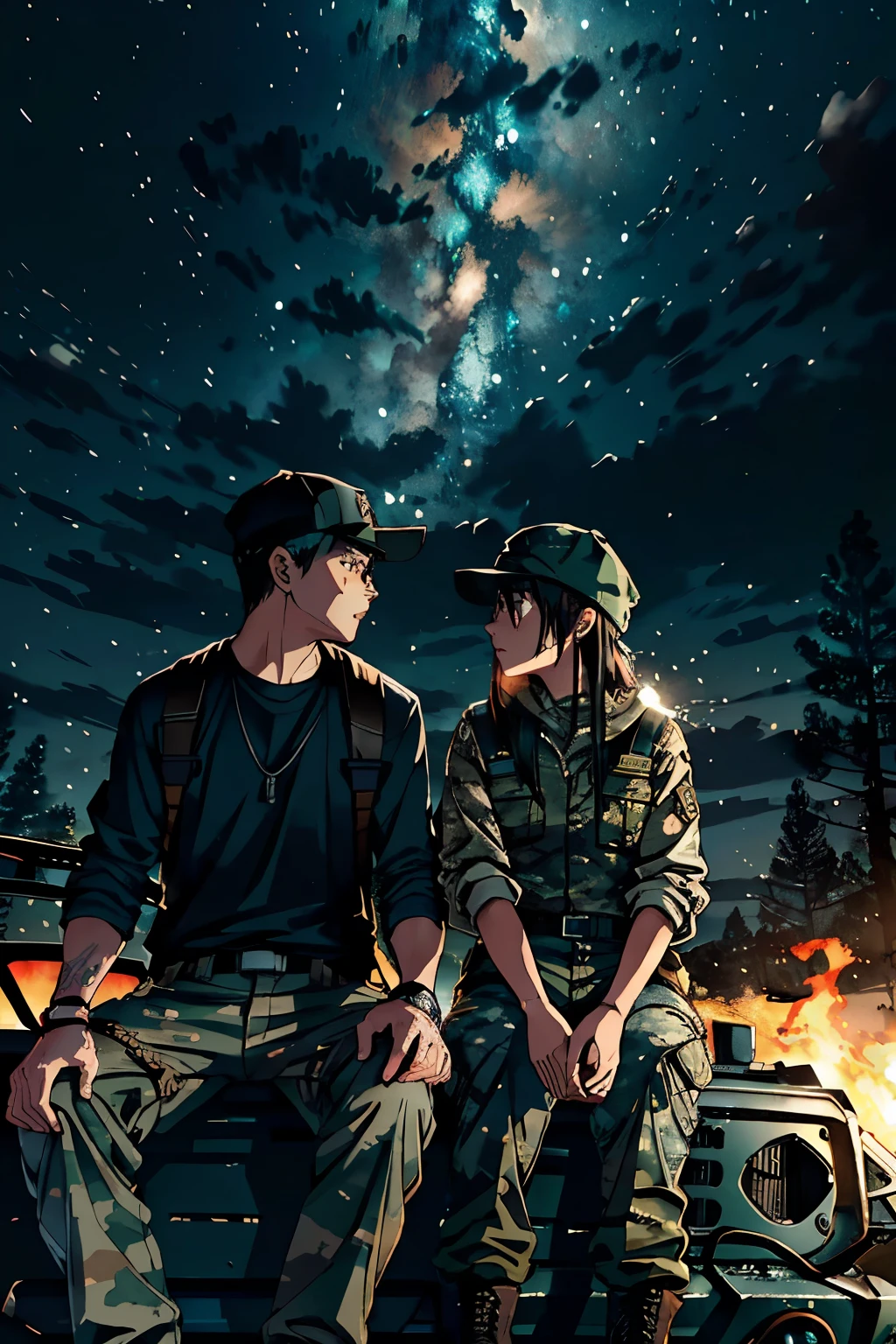 (Masterpiece, Evening in the wild, Conflicting colors: Blue sky is red, Meteor shower, Bonfire, Guitar, Military green Wrangler SUV, Forgotten young people: Gao Shuo), (High quality, Cinematic lighting, Dynamic lighting, High quality shadows), (Two figures: Gao Shuo and his girlfriend), (Girlfriend in black vest, Camouflage trousers, Woolen hat, Black suspender, Camouflage shorts, Sitting on the roof of the Wrangler), (Smoke torn apart in the cold wind: Symbolizing their past lives),

(Girlfriend's face: Round, Un