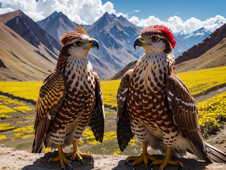 Un Inka joven y hermoso, con una Mascaipaicha roja, with three falcon feathers in it, mirando hacia una flor brillante y hermosa, de color amarillo dorado