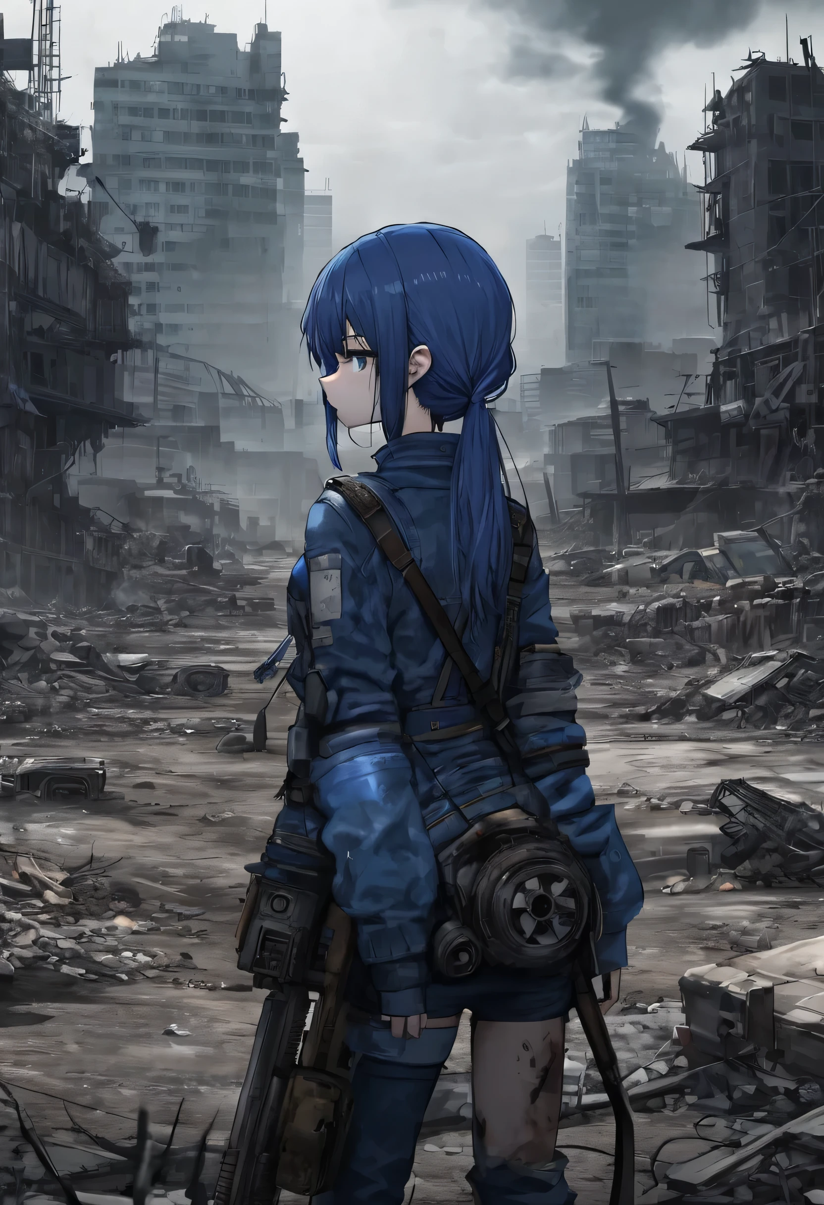 Beautiful girl from behind with bluejeans in a Post-apocalyptic world